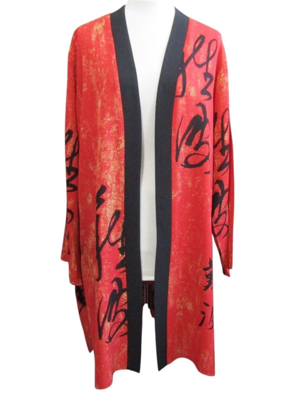 Ann Namba 100% Silk Red Black Gold Asian Print Open Front Kimono Cardigan Sz XL